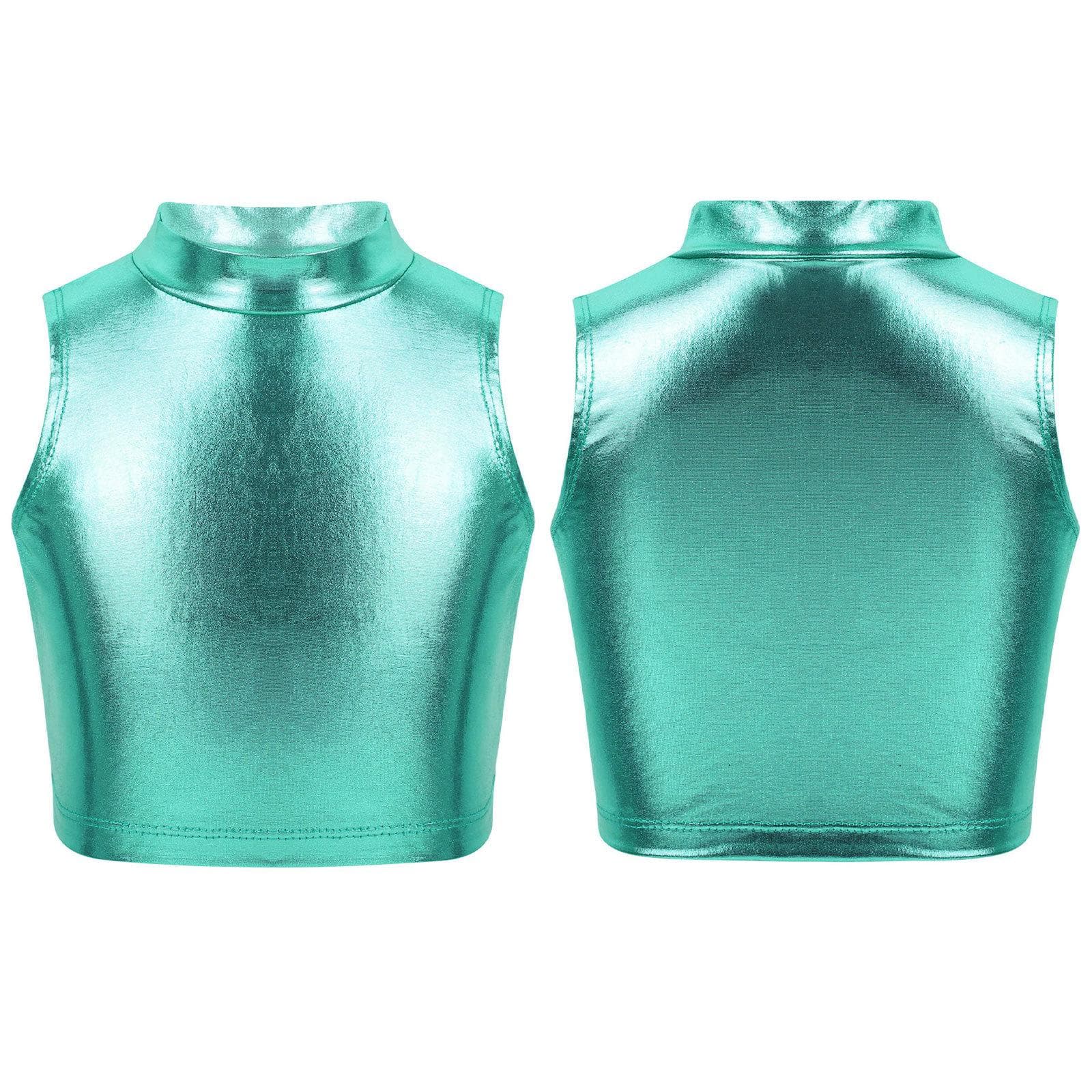 Big Girls Shiny Metallic High Turtleneck Cropped Tank Top Cami Tees for Yoga Dance Gym Sport Bra 9-10 Years lake blue