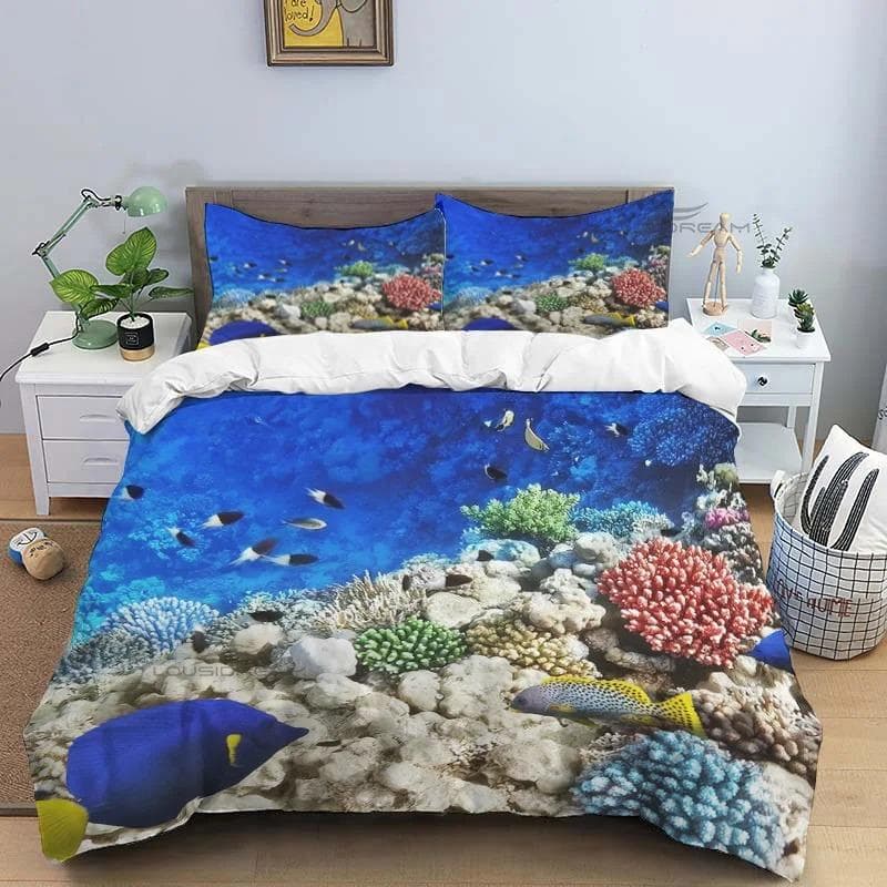 Ocean World Marine Life Art Pattern Comforter Bedding Set,Duvet Cover Bed Set Quilt Cover Pillowcase,King Queen Size Bedding Set EU single(135x200cm)