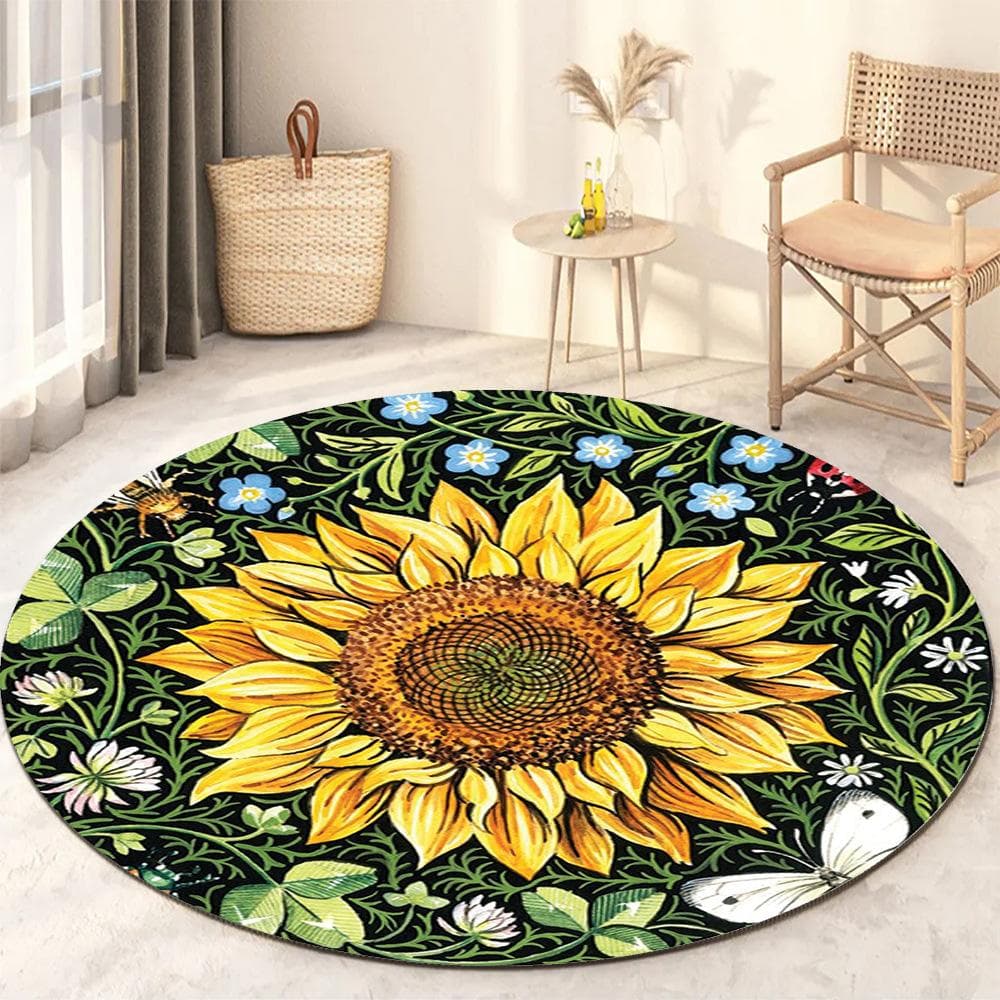 Sunflower Round Rug Living Room Bedroom Modern Floral Rug Floor Mat Chair Home Decoration diameter 120cm
