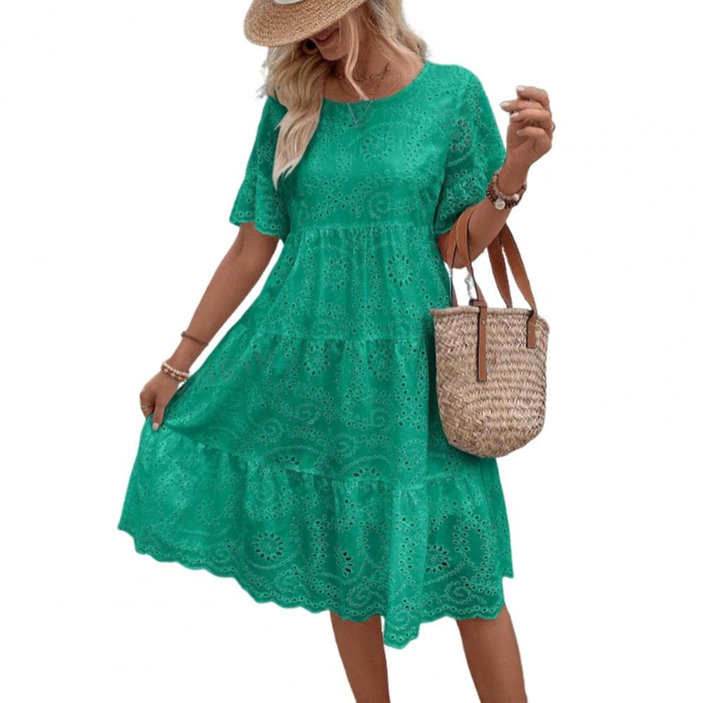 Summer Women Dress Hollow Out Short Horn Sleeves Dress A-line Pleated Patchwork Big Swing Embroidery Vacation Beach Midi Dress S green
