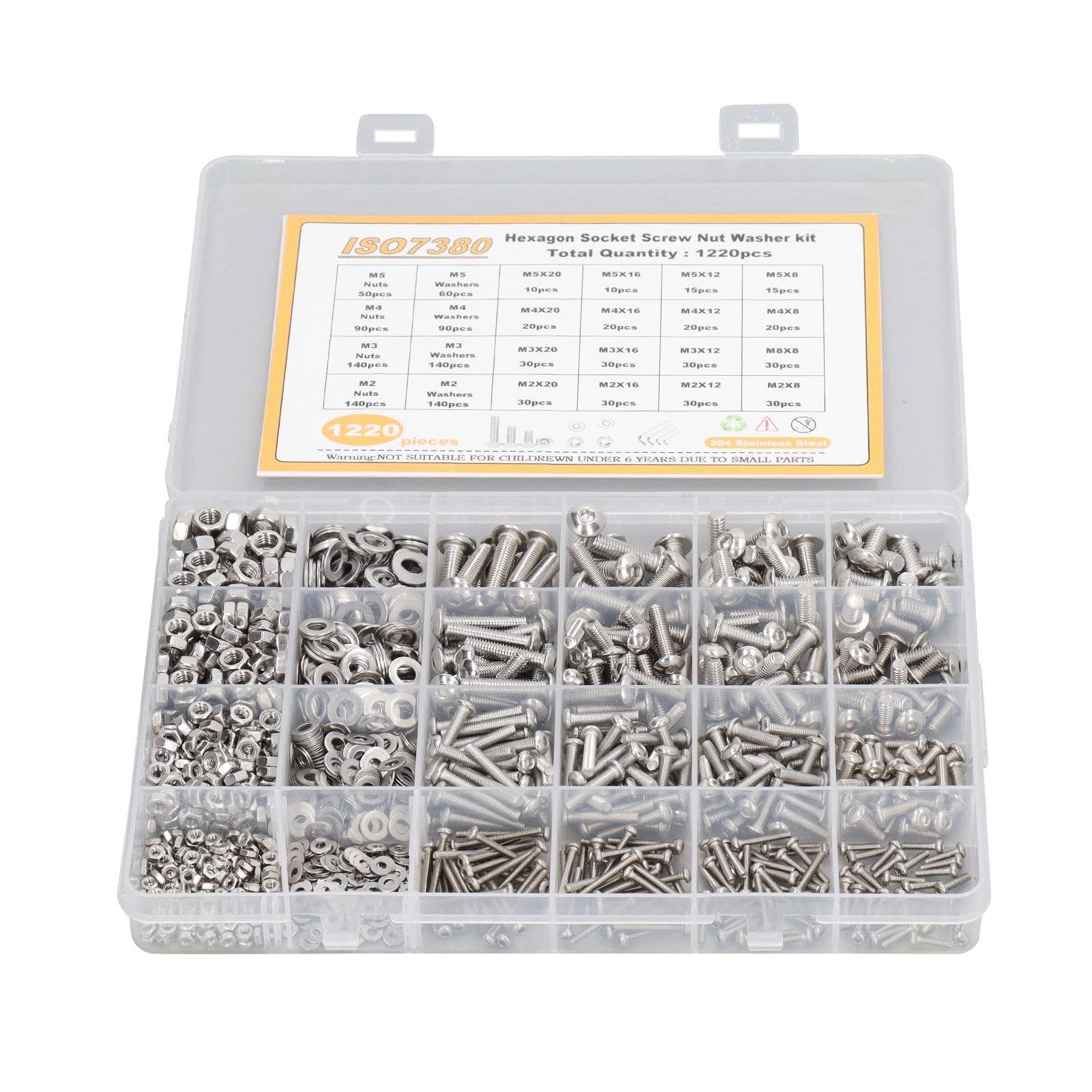 1220Pcs 304 Stainless Steel Hex Socket Screw Nut Washer Kit Strong Wear Resistance M2 M3 M4 M5