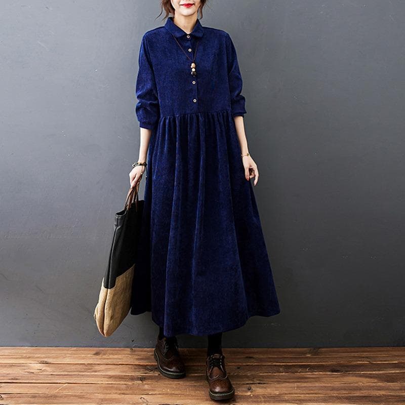 Autumn Long Corduroy Dresses Literary Plus Loose Solid Color Lapel Long Sleeve Party Dress for Women XL dark blue