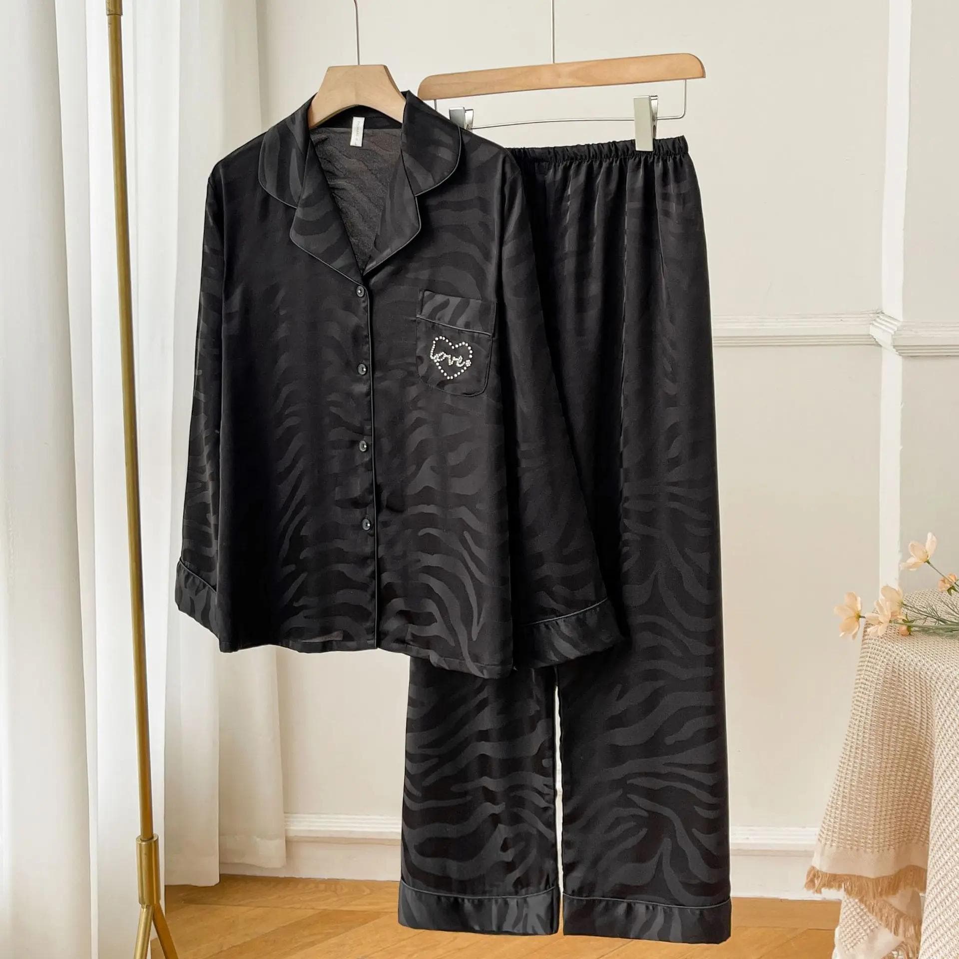 Zebra Stripes Pajamas Suit Spring Autumn Long Sleeve Shirts Trouser Suits Satin Thin Sleepwear Home Clothes Female Sexy Lingerie XL black