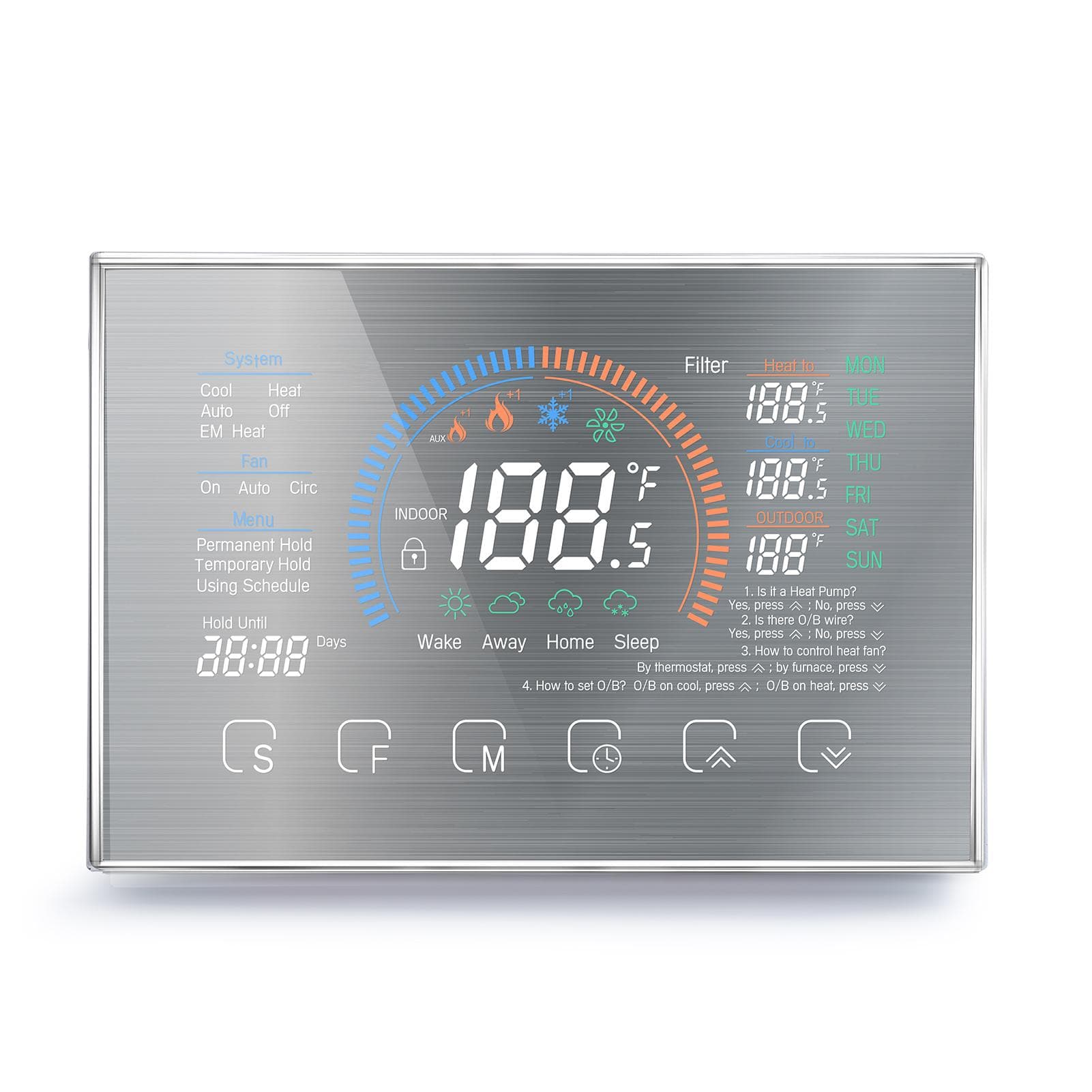 Heat Pump Room Thermostat Temperature Controller 4.8 Inch Color LCD Screen Programmable Touch Without WiFi silver