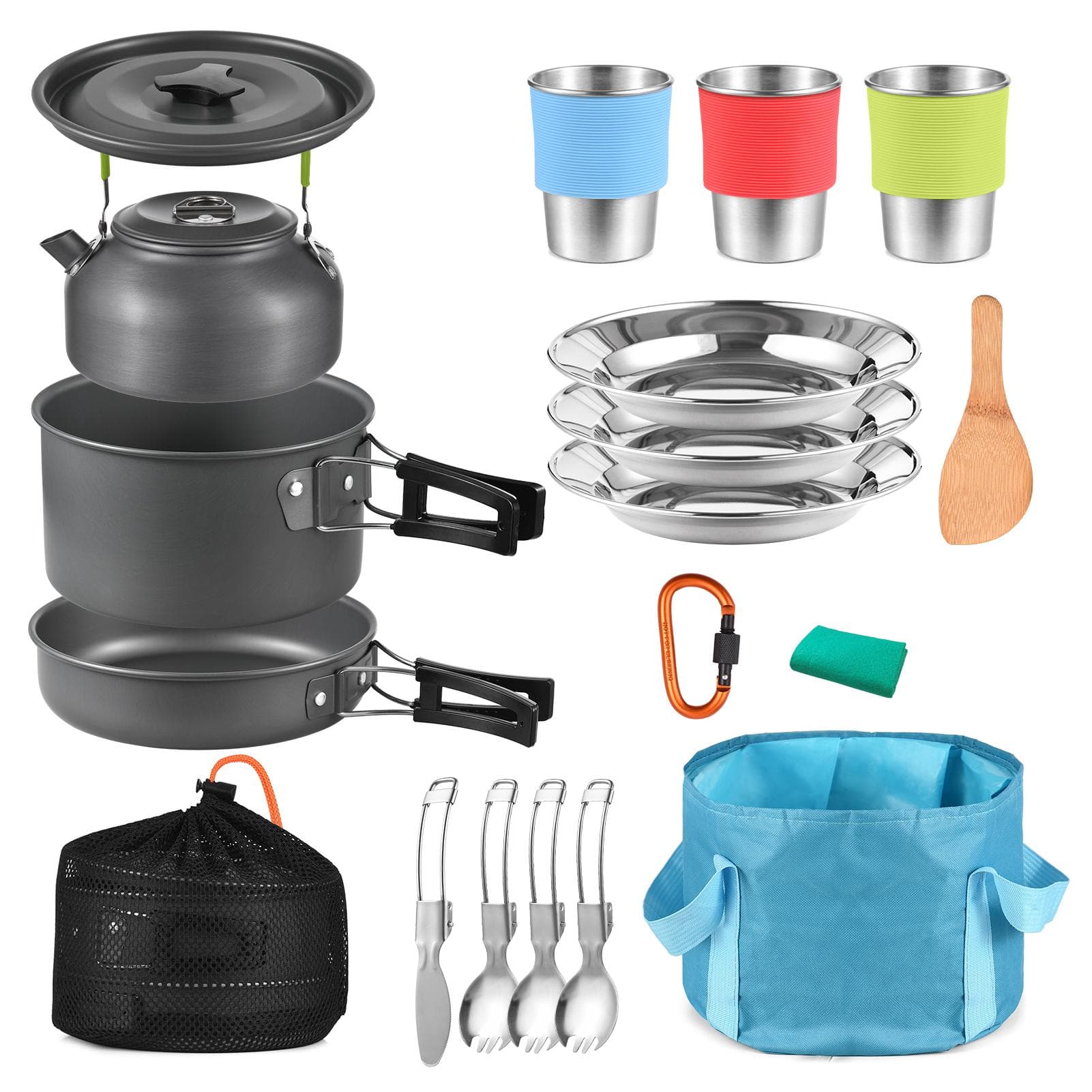TOMSHOO 22pcs Camping Cookware Mess Kit Camping Pot and Pan Cooking Set Outdoor Camping Hiking 22pcs set