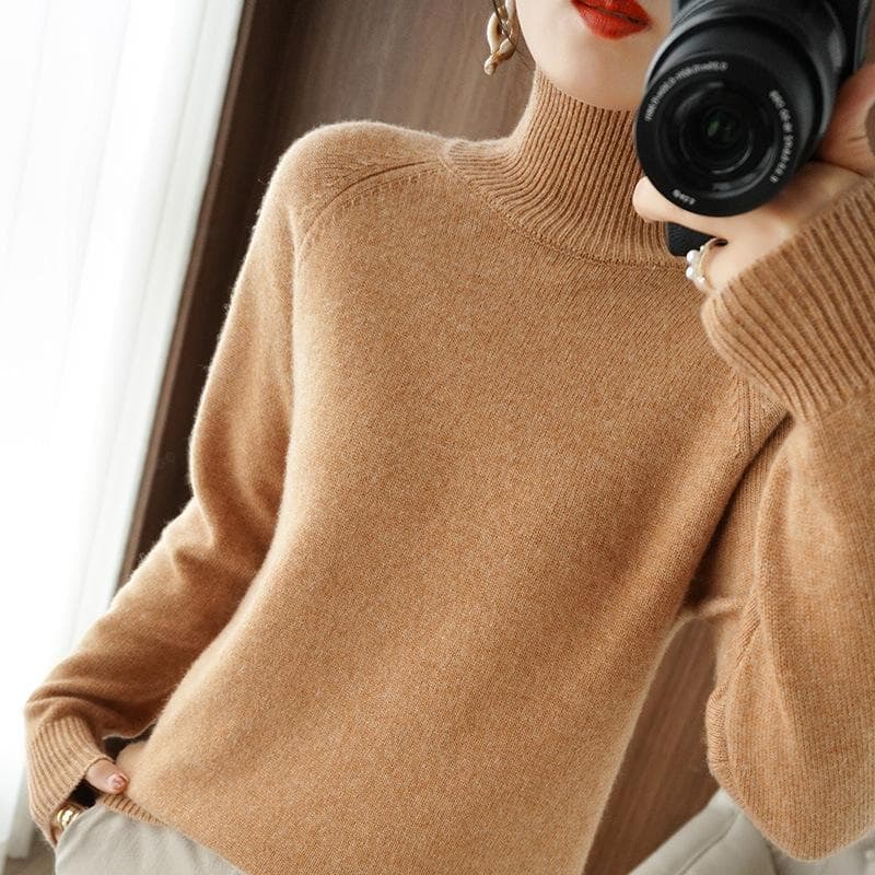 CANVAUS Spring and Autumn Women's Bottoming Sweater High Stand Collar Blended Woolen Sweater Korean Style Slim Solid Color Pullover M gold