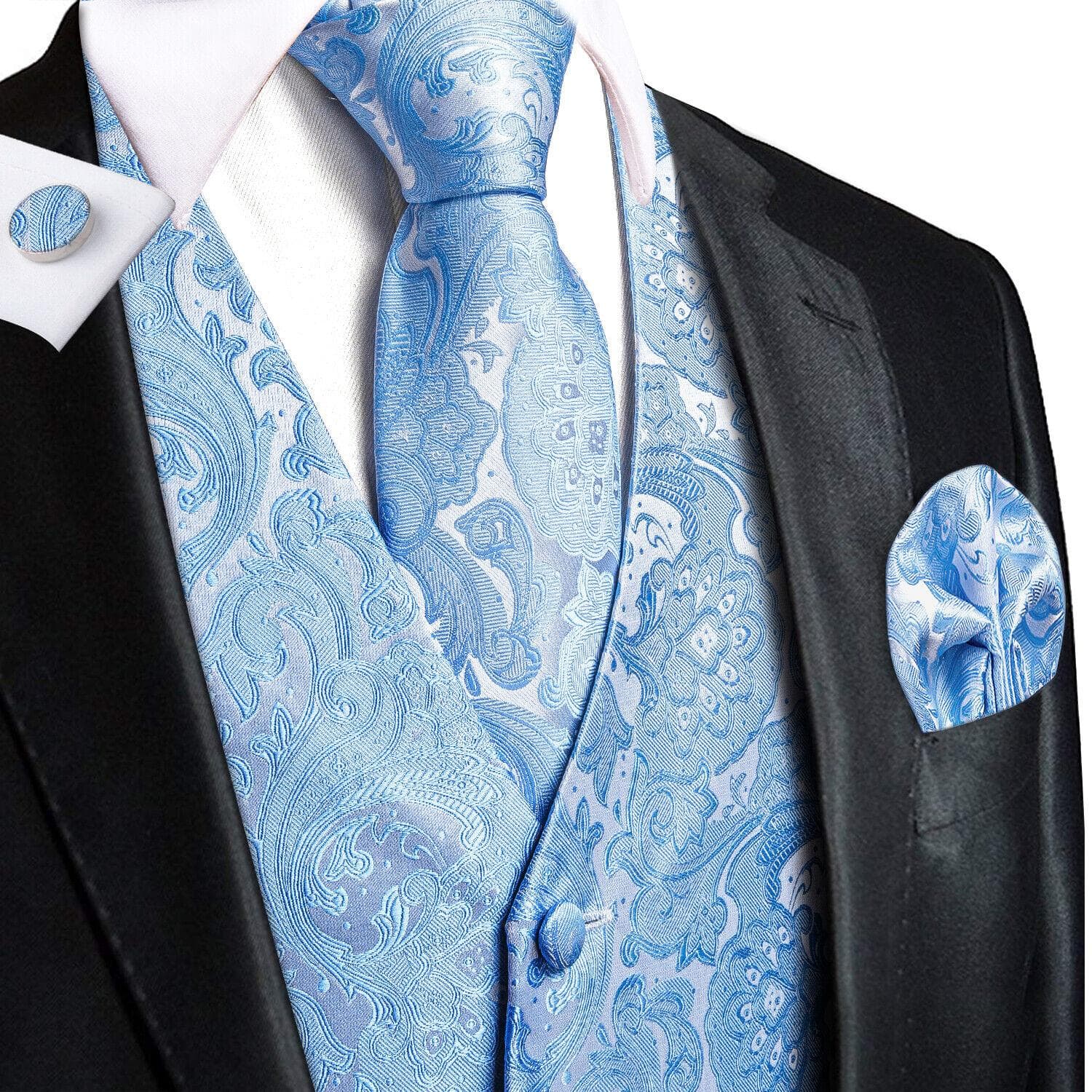 Hi-Tie Mens Waistcoat Silk Paisley Floral Tie Handkerchief Cufflinks SET Formal M