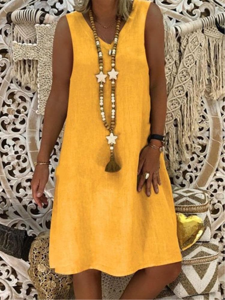 Summer V-neck Sleeveless Vest Solid Color Dress for Women L yellow