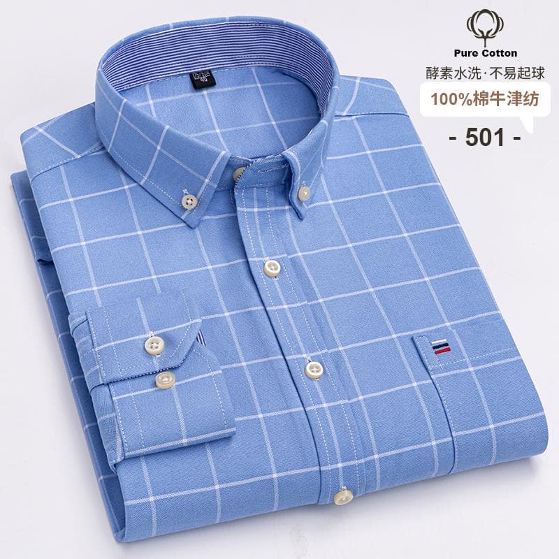 100% Cotton Oxford Men's Shirts Long Sleeves Plaid Soft Regular Fit Formal Dress Shirt Pocket Social Blouse Male Clothes S-7XL M