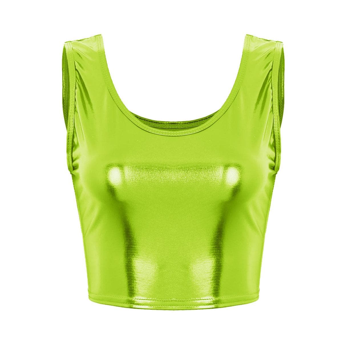 Women's Shiny Metallic Sleeveless Crop Top Rave Party Dance Tee Shirt Blouse Vest Clubwear One Size fluorescent green
