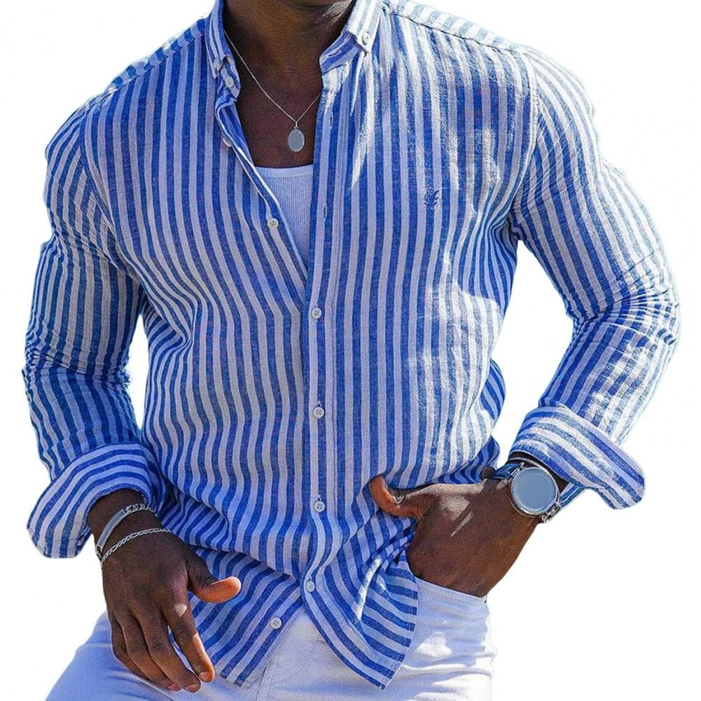 Spring Men Dress Shirt Lapel Long Sleeves Single-breasted Mid Length Slim Fit Buttons Cardigan Hawaii Style Vacation Beach Top L blue