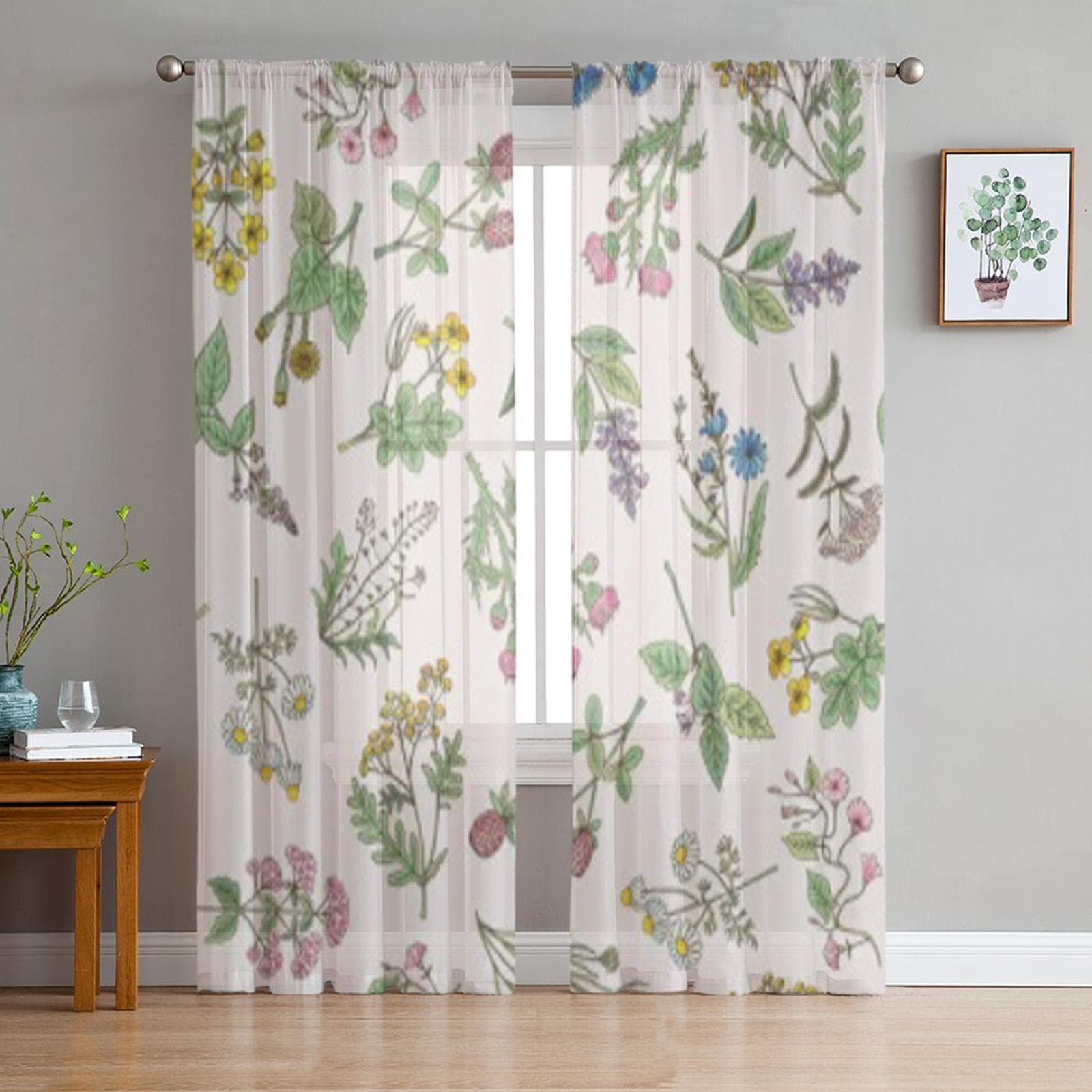 Various Hand Drawn Herbs And Flowers On A Gentle Pink Chiffon Sheer Curtains Living Room Bedroom Window Voiles Tulle Curtain 135W x 114H(cm)