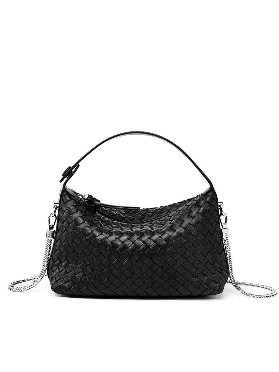 Genuine Leather Woven Dumpling Bag: Sheepskin Chain Messenger Pillow Handbag black