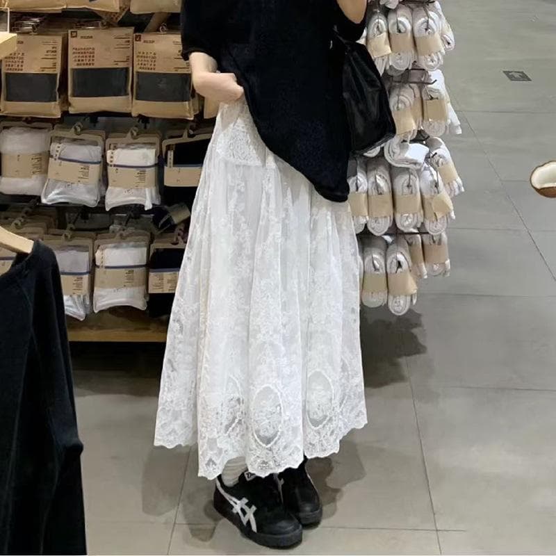 White Skirt for Women In Spring and Summer New Design Lace Lace A-line Skirt High-waisted Temperament Fairy Skirt XL white