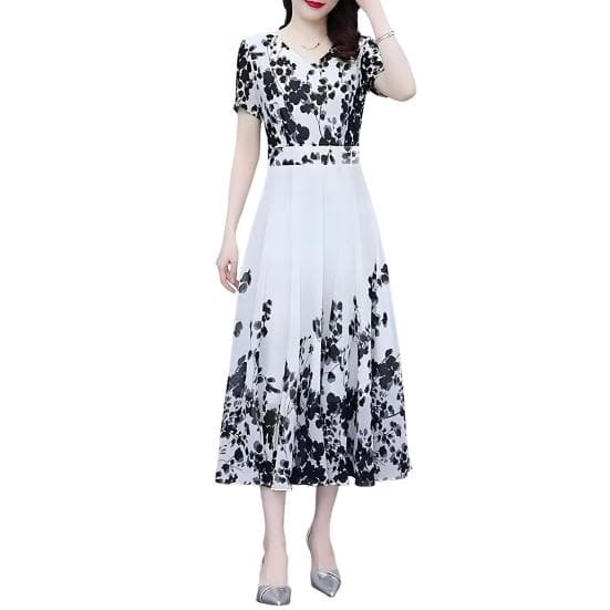 Women's Floral Maxi Dress Chinese Art Style Print A-line Long Dress Summer Short Sleeve V Neck Beach Sundress M black white