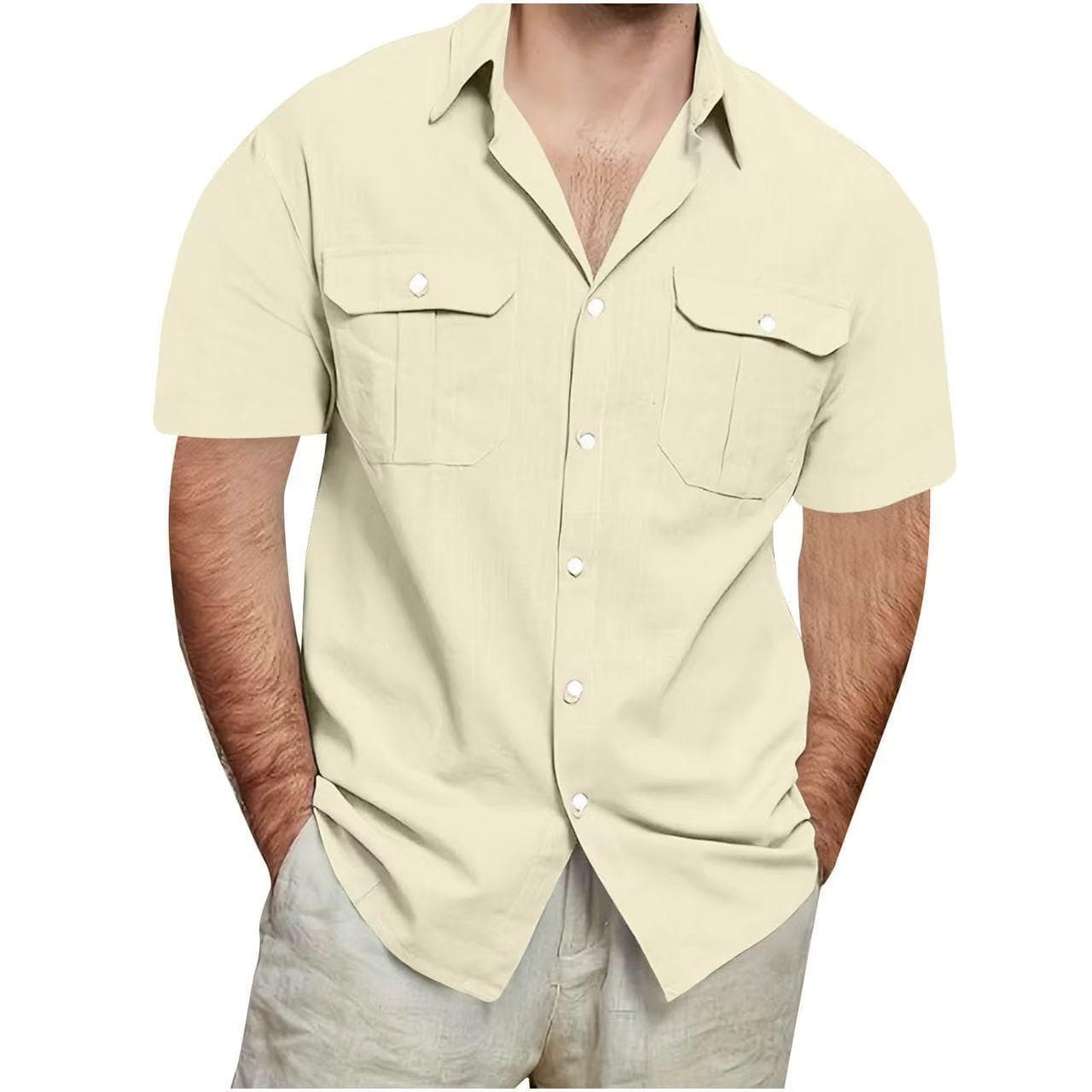 Summer Men's Short Sleeve Double Pocket Shirts Solid Color Loose Casual Shirt Men 4XL apricot