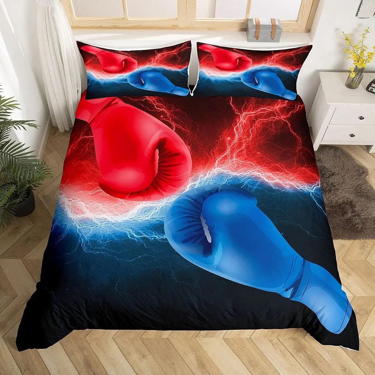 Boxing Sport Duvet Cover King Queen Golden Boxing Gloves Bedding Set Yellow Fire Print Comforter Cover Microfiber Quilt Cover EU Single 135x200cm