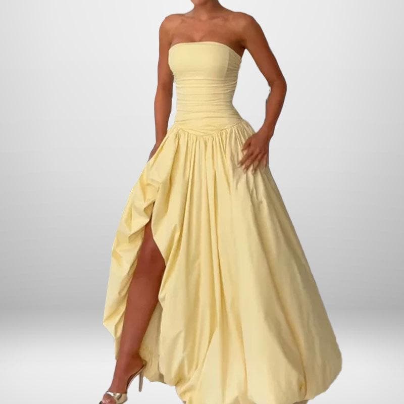 New Summer Women's Strapless Lace-up Strapless Lace-up Solid Color Temperament Fashionable Dress Dress S yellow