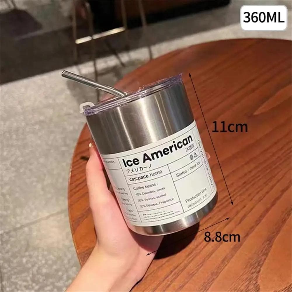 Coffee Cup Thermos 304 Stainless Steel Double -layer Cooler Straw Cup Portable Reusable Ins Ice American Coffee Mug Water Bottle as shown