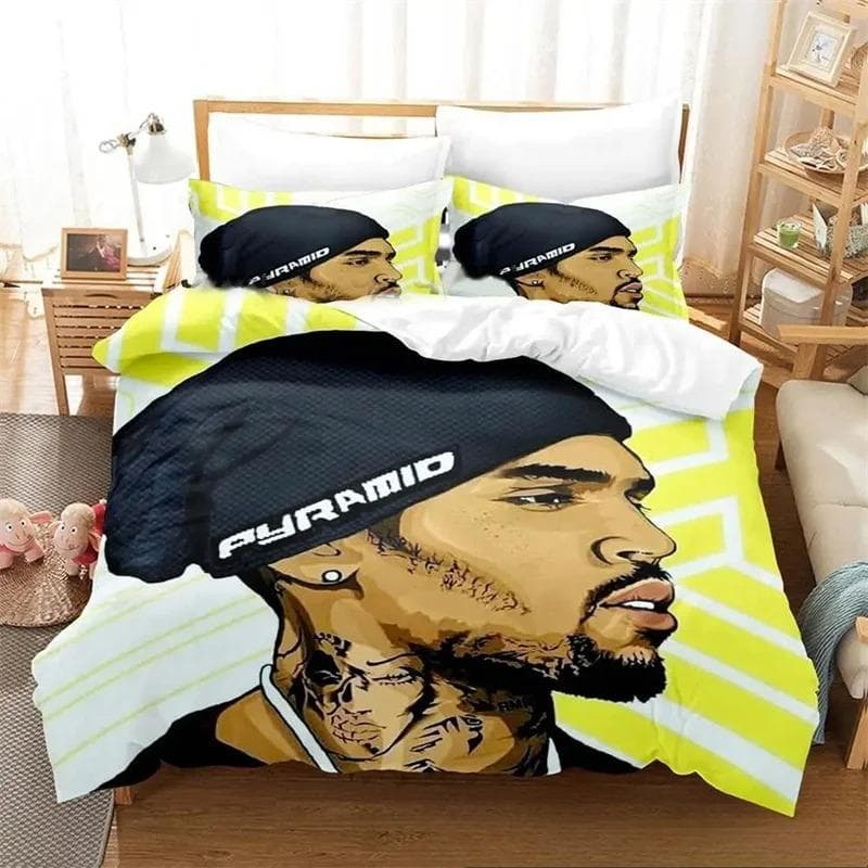3D Print Chris Brown Bedding Set,Duvet Cover Comforter Bed Set Quilt Cover Pillowcase,King Queen Twin Size Boys Girls Adults 70x133cm 2pcs