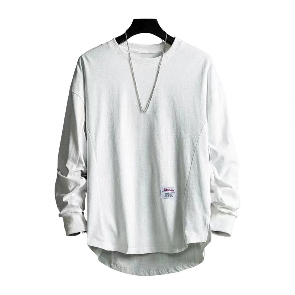 Spring Men T-shirt Round Neck Loose Solid Color Soft Breathable Irregular Hem Elastic Cuff Mid Length Hip Hop Streetwear Teenage M white