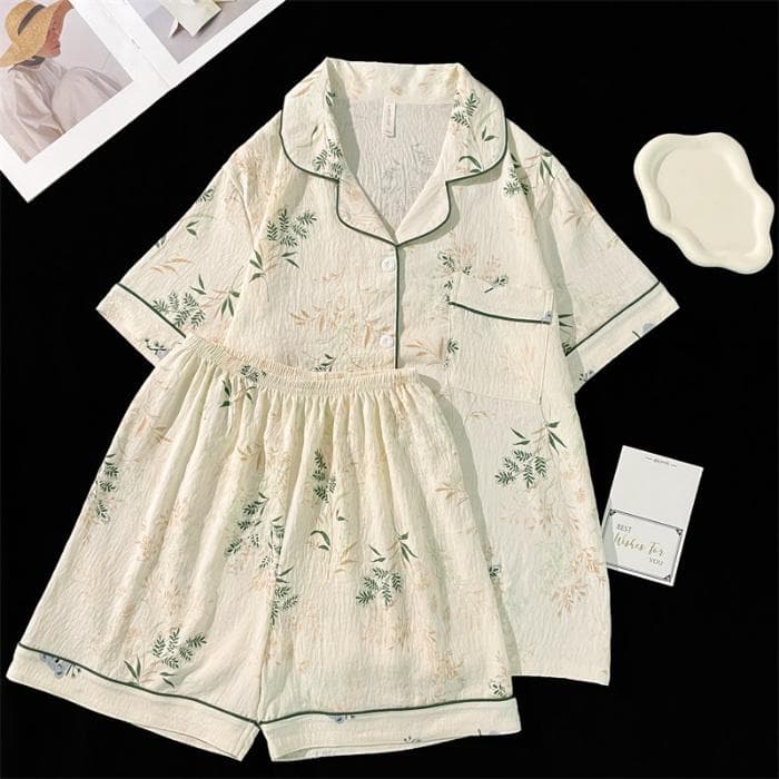Summer Faux Cotton Women Pajamas Set Button Down Top & Shorts 2 Pieces Sleepwear Print Floral Nightwear Loungewear for Ladies M