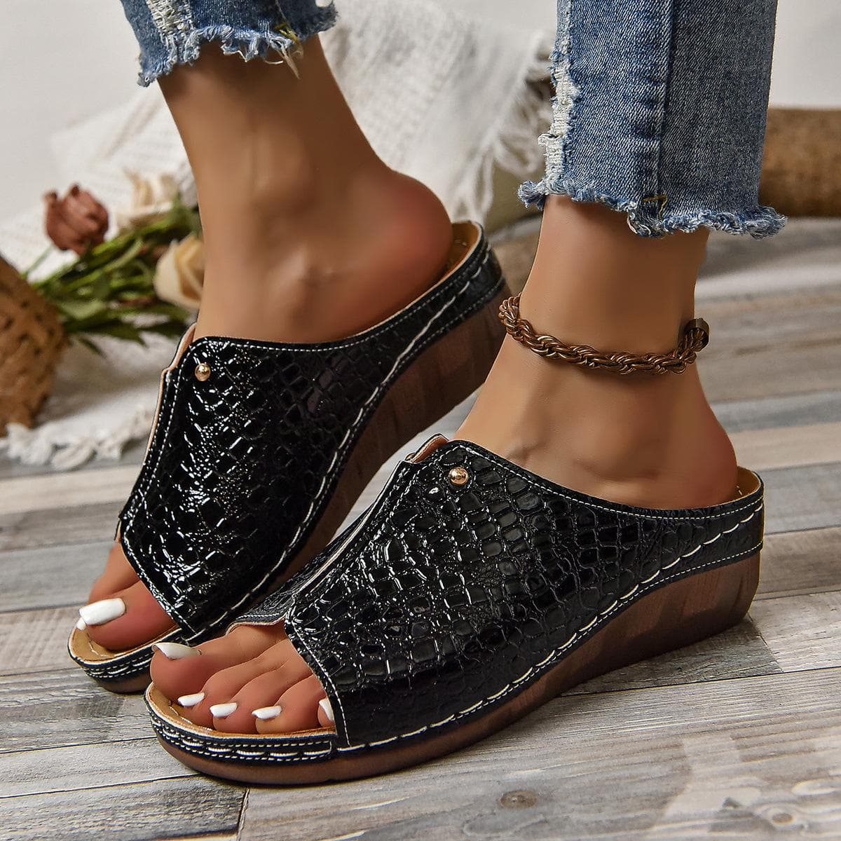 Women's Fashion Summer Platform Sandals Slides Beach Casual Shoes Open Toe Wedge Slippers Fish Mouth PU Leather Sandals 36 black