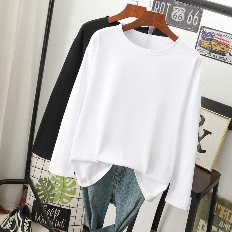 Women's 2024 Loose-Fit Long-Sleeve White Cotton T-Shirt - Versatile Spring/Autumn Fashion Medium