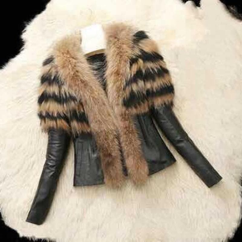 New Imitation Raccoon Fur PU Leather, Women's Clothing, Leather Jacket 6XL
