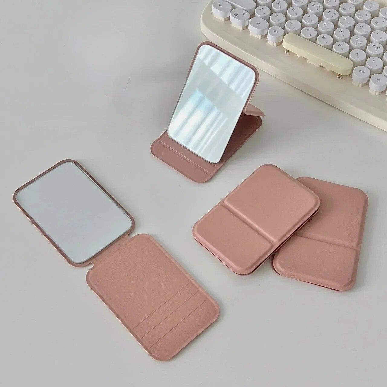 Desktop Makeup Mirror Solid Color Leather Simple Portable Handheld Makeup Mirror Foldable Student Compact Cute Pocket Mirror pink