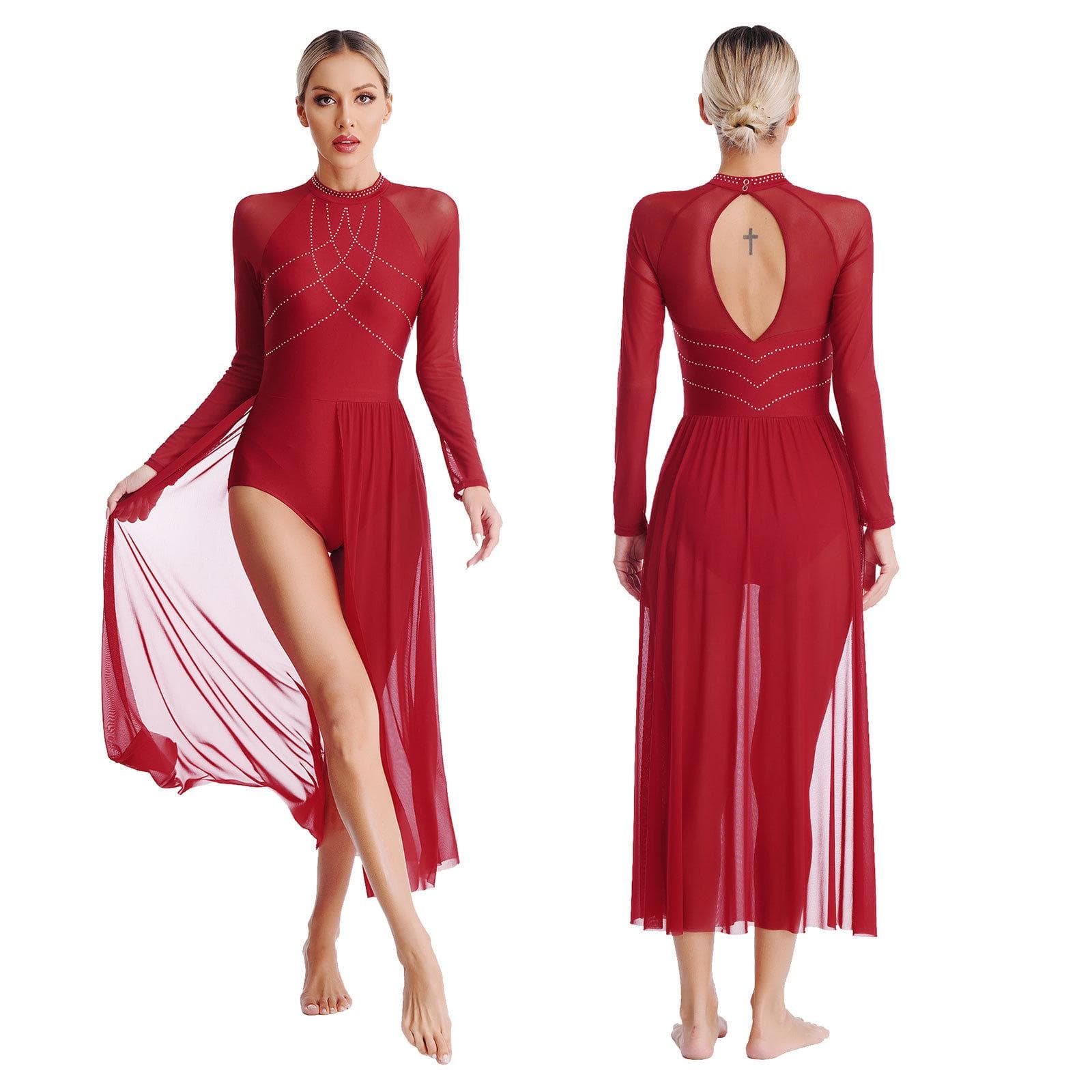 Women Modern Lyrical Dance Dress Rhinestone Gymnastics Leotard Split Maxi Dresses Long Sleeve Ballet Stage Performance Dancewear L burgundy