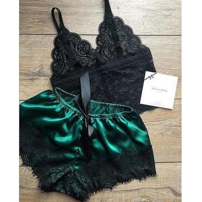 2Pcs Womens Lace Sleepwear Lingerie Tops Shorts Set Babydoll Pajamas Nightwear XL green