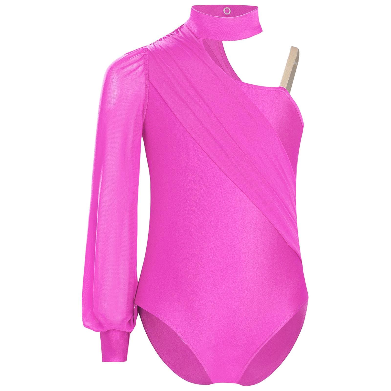 Girls One Shoulder Dance Leotard Mock Neck Long Sleeve Ruched Mesh Bodysuit for Stage Performances Competitions 11-12 Years hot pink