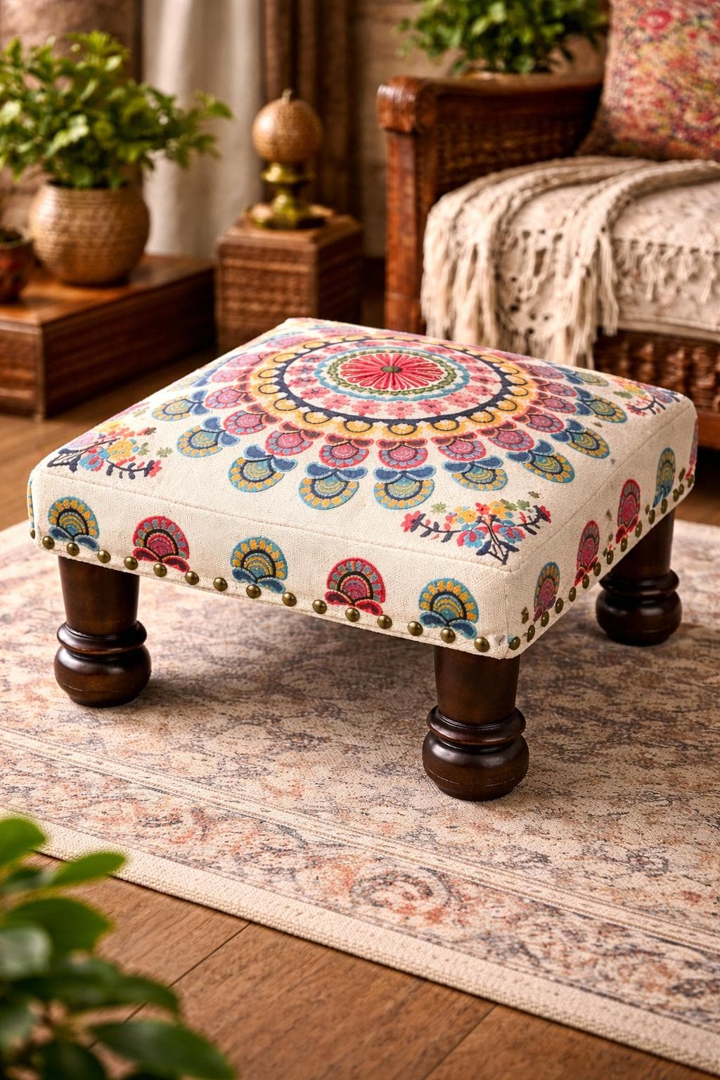 Mystic Mandala Embroidered Foot Stool - Multicolor Cotton Ottoman with Mango Wood Legs, 40 x 40 x 22.5 cm 40x40x22.5 cm