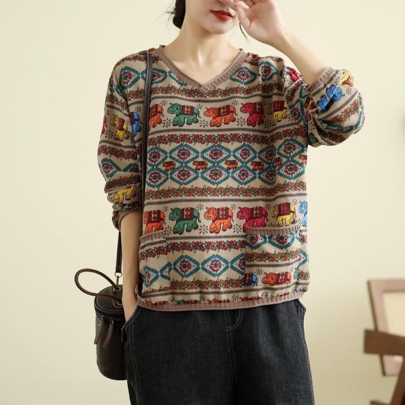 Vintage Chinese Style Cotton Linen Long Sleeved V-neck Base Shirt for Women's Spring Autumn Loose Fit Slimming Linen Pullover T-shirt Top XL khaki