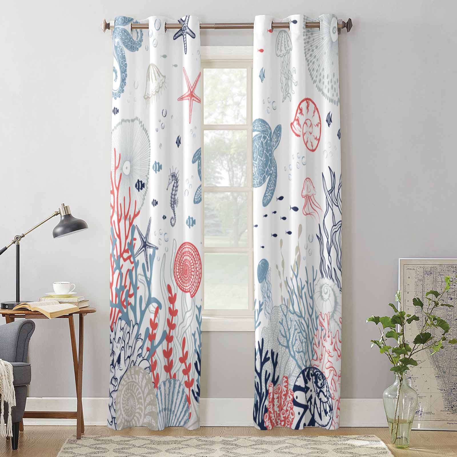 Summer Sea Coral Sea Turtle Window Curtains for Living Room Luxury Bedroom Curtain Kitchen Blinds Drapes Curtains 135W x 60H(cm) x1
