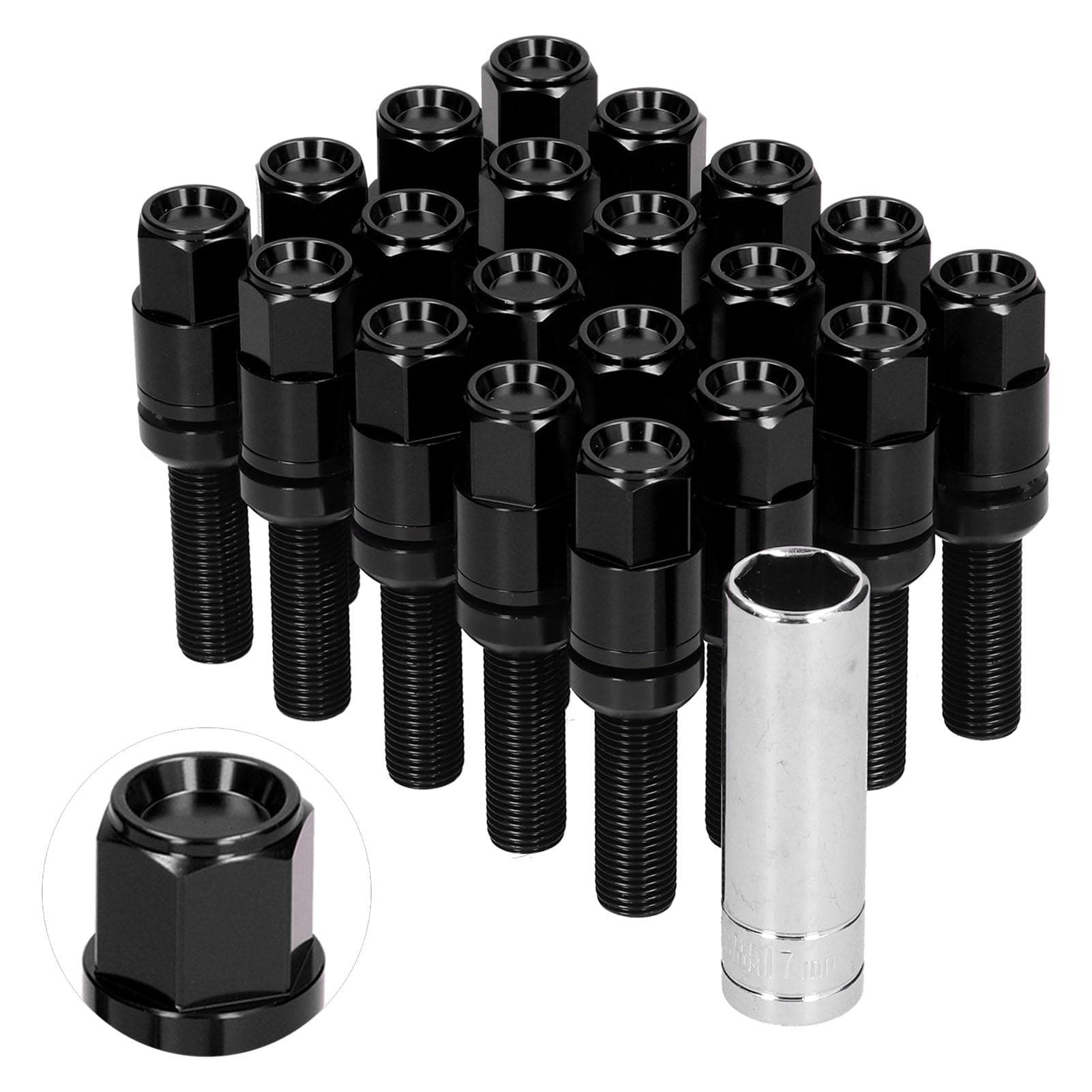 20pcs Steel Extended Lug Bolts M12x1.25 28mm Thread with Sleeve Universal for CarBlack black