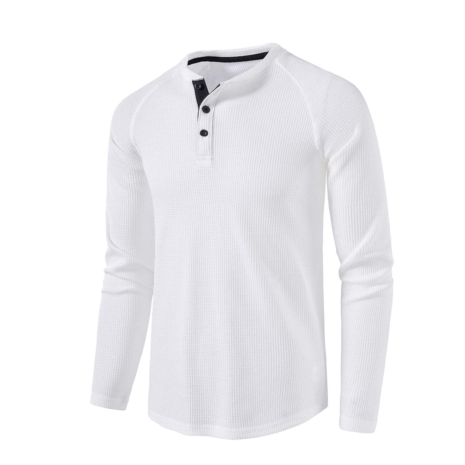 Men’s Waffle Henley Shirts Round Neck Long Sleeves T-Shirt Solid Color Casual Wear Autumn Winter Comfy Shirt M white