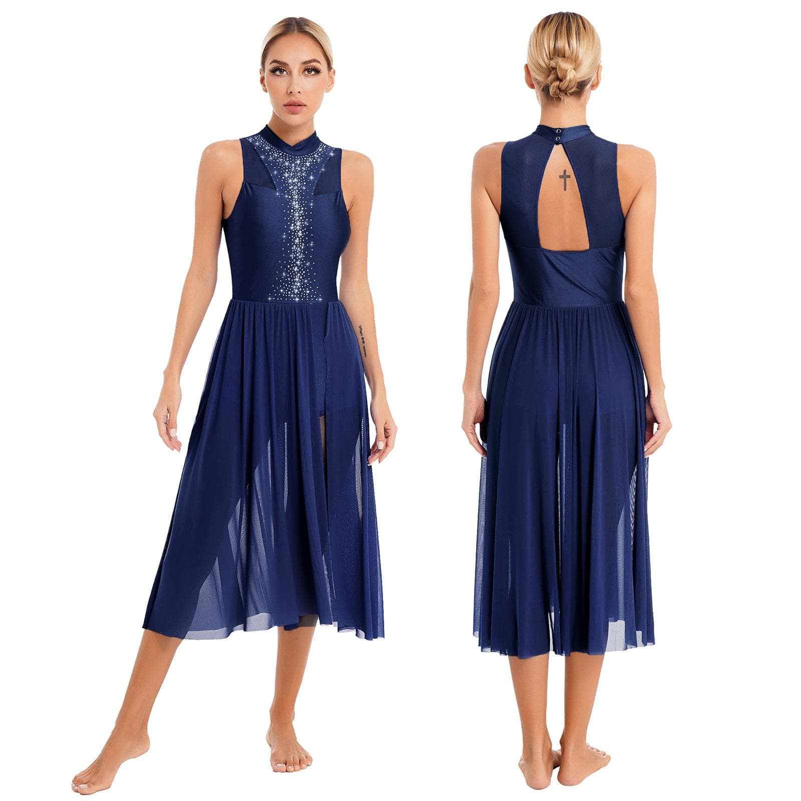 Women Lyrical Dance Costume Contemporary Dance Leotard Dress Dancewear Performance Costume L navy blue