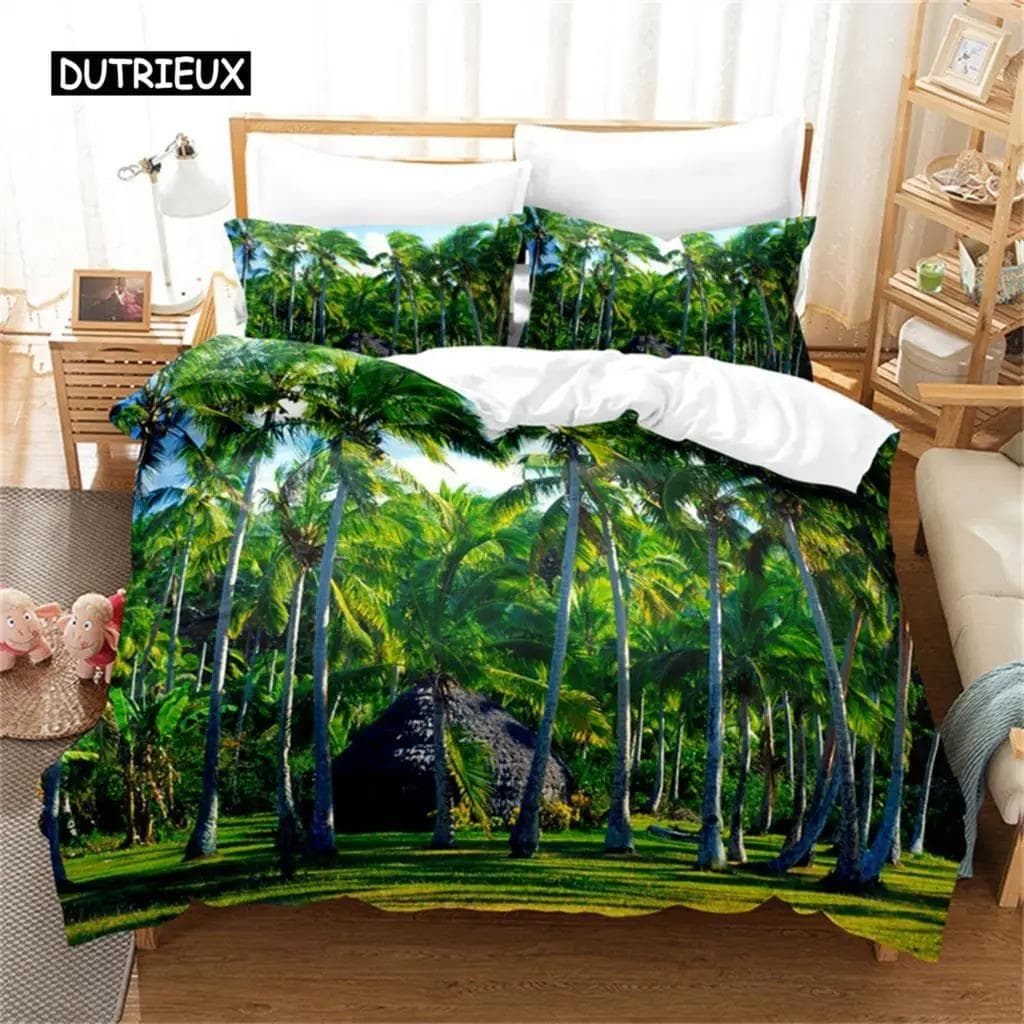 Beach Coconut 3D Tree Duvet Cover Ocean Beach Plants Bedding Set Comforter Cover Set For Boy Girls Bedroom Decor Bedding Sets 70x133cm 2pcs