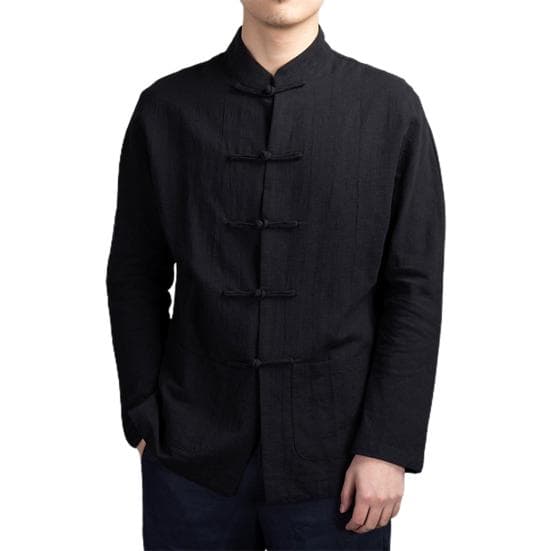 Style Shirt Top Mandarin Collar Long Sleeve Pockets Disc Button Traditional Kung Fu Tai Chi L black