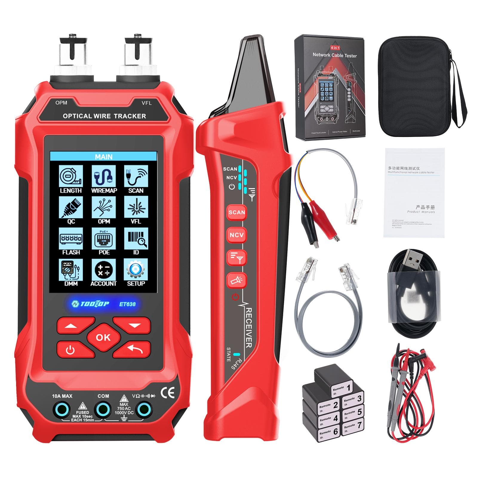 ET638 5in1 Multifunctional Network Cable Tester Multimeter, ACDC Voltage, Diode, Resistance, with 7 adapter red