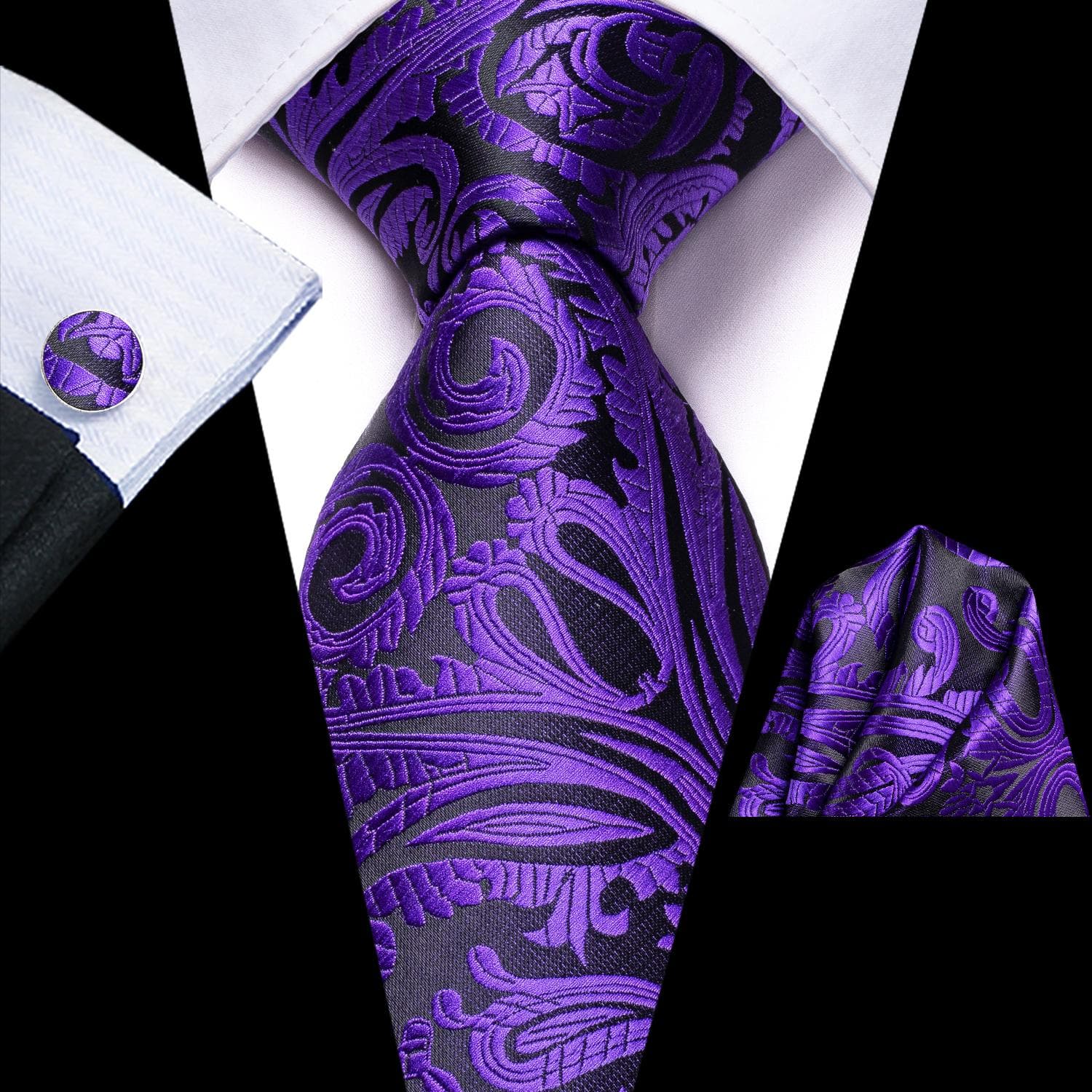 Hi-Tie Mens Accessories Silk Tie Handkerchief Cufflinks Set for Wedding Party Floral Solid Necktie N-3458