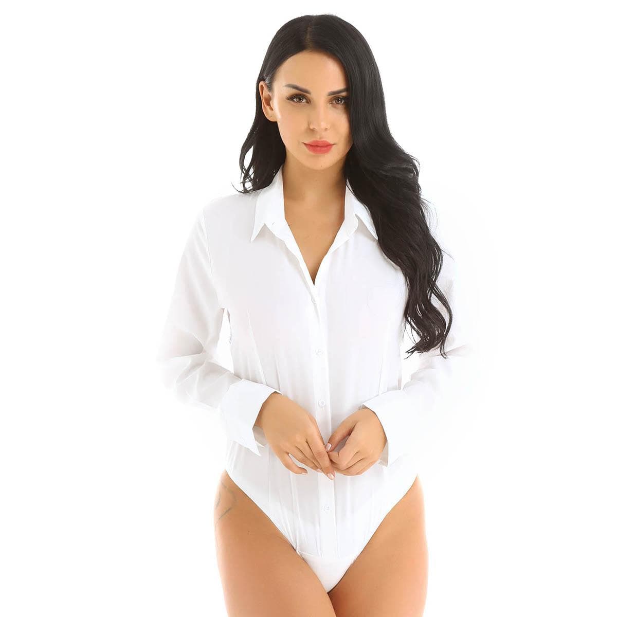 Women Long Sleeve Button Down Shirts Bodysuit One Piece Easy Care Work Blouse Leotard Top S white