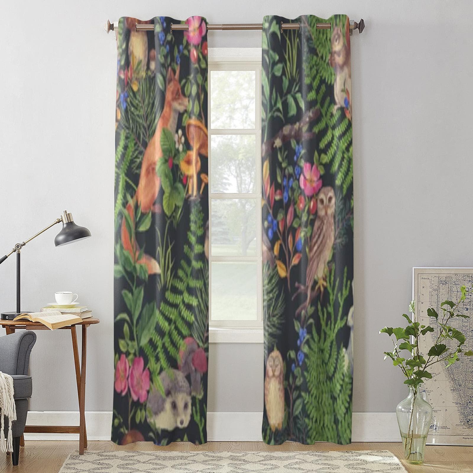Watercolor Forest Animals And Plants Window Curtains For Living Room Kitchen Modern Curtains Home Decor Blinds Drapes 135W x 160H(cm) x1