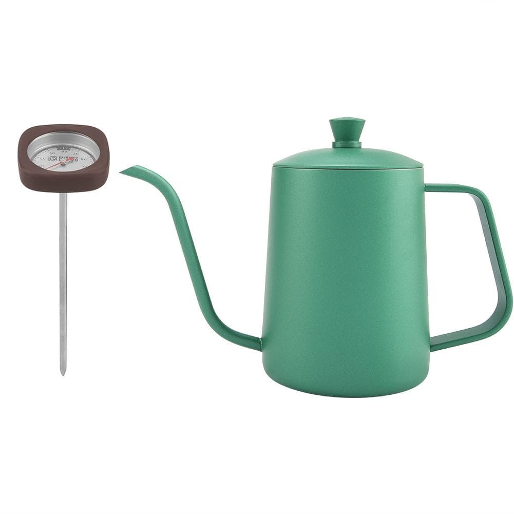 600ml Stainless Steel Coffee Kettle Gooseneck Spout Teapot with Thermometer(Green) green