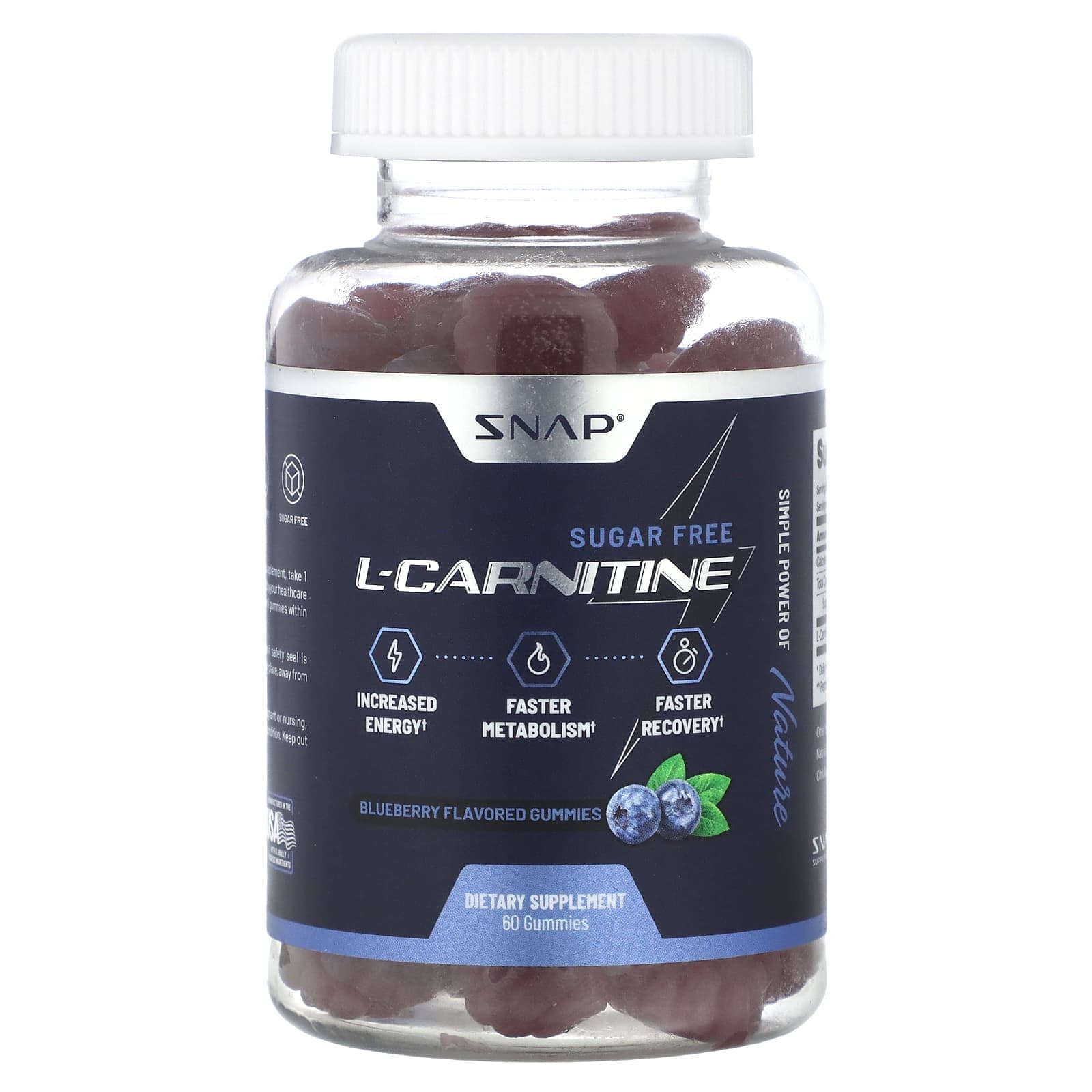 Snap Supplements, l-carnitine gummies, sugar-free, blueberry, 60 gummies