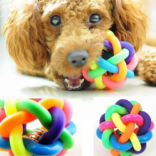Colorful Round Pet Dog Cat Chewing Toy Rubber Knotted Ball With Bell