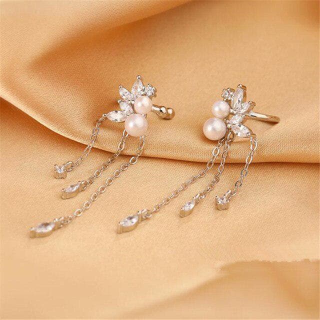 1 Pcs 925 Sterling Silver No-piecing Zircon Tassel Bead Pearl Clip Earring for Women Girl Ear Cuff Jewelry Brincos Bijoux Femme silver