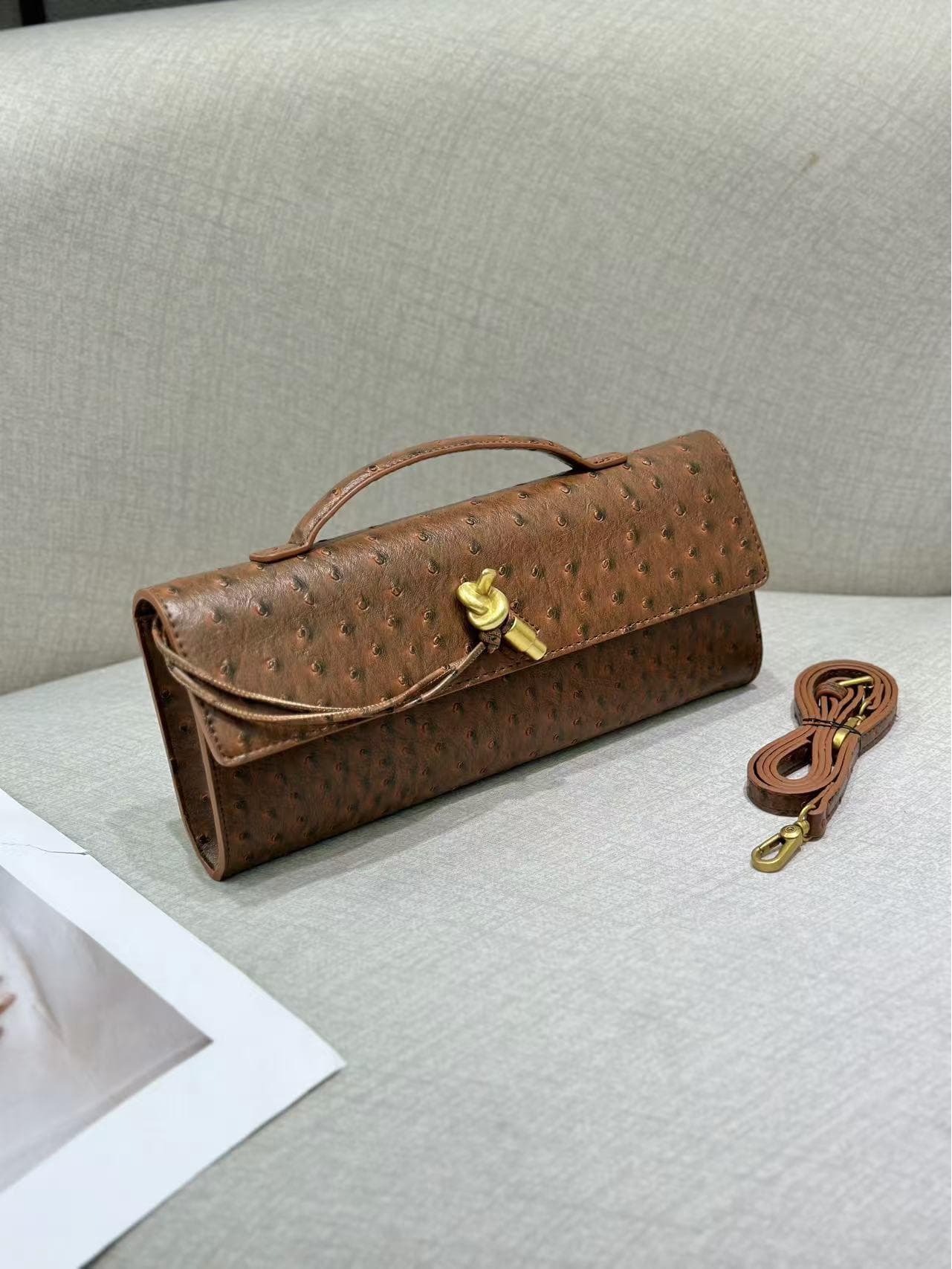 2025 Handmade Ostrich Pattern Baguette Evening Bag - Exquisite Shoulder & Crossbody Handbag Gift Box (Custom Hardware) brown